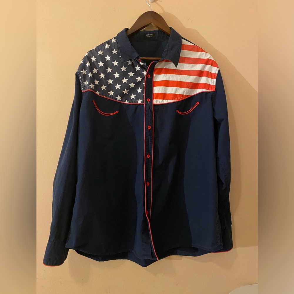 Coofandy American Patriotic Western Long Sleeve Button Down Shirt Men's XXL Navy